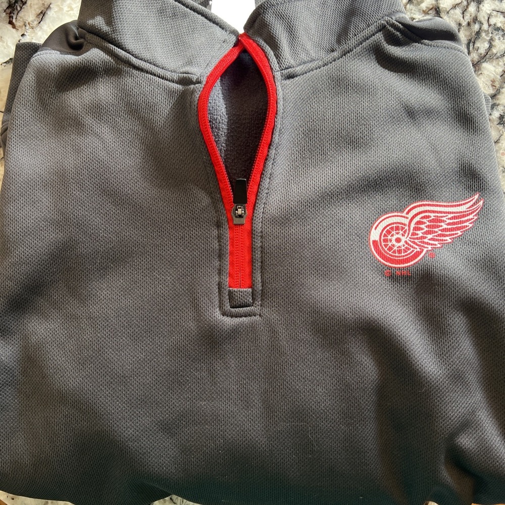 NHL Red Wings Quarter Zip‎ Pullover Men Medium Gray Red Logo Long Sleeve